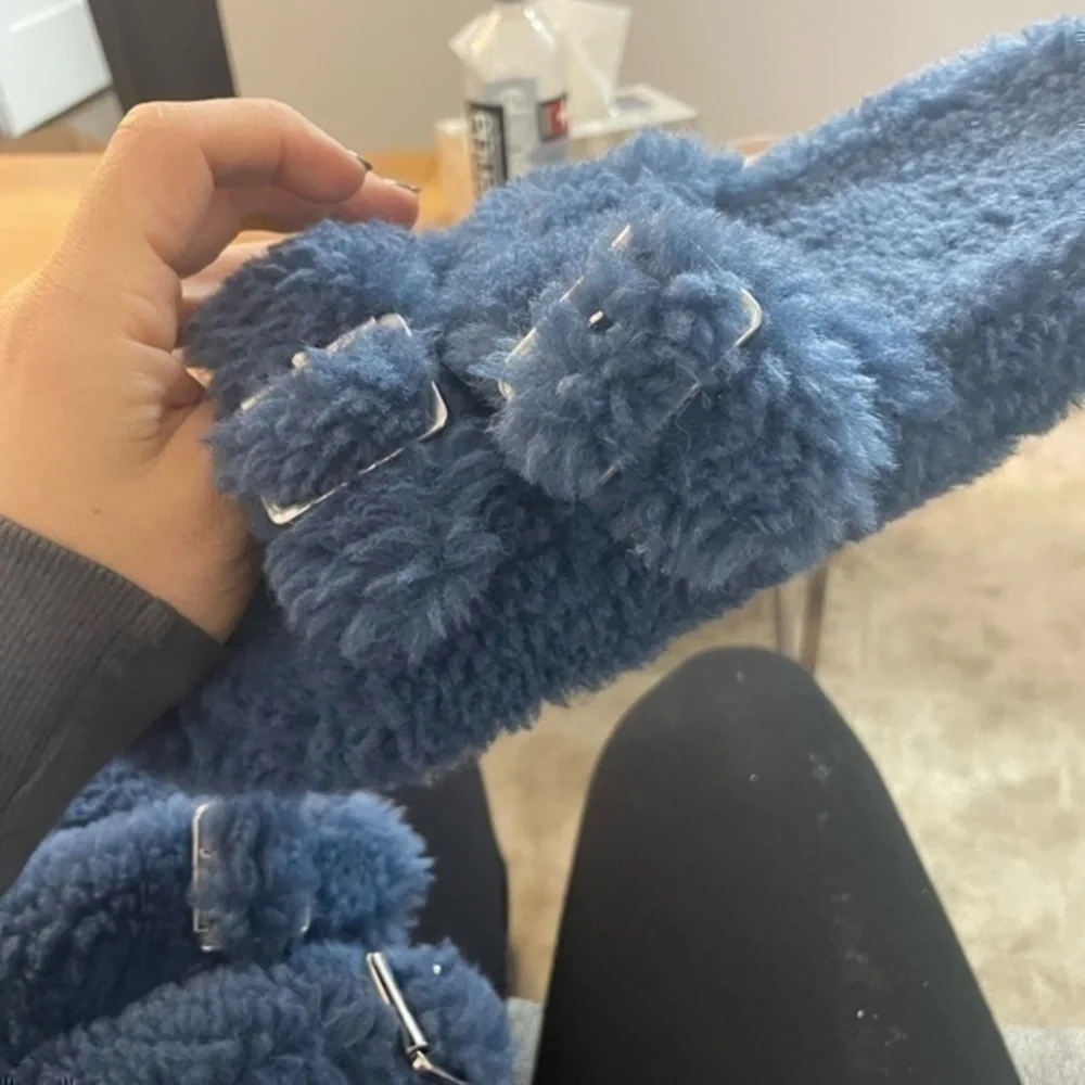 Teddy Slippers Plush Slides Blue Size 11 or Size 12